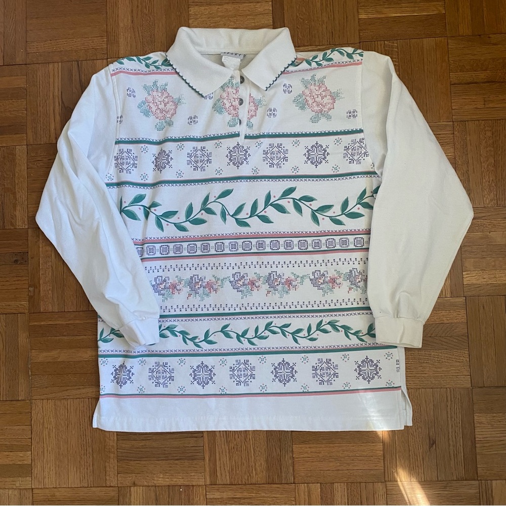 Vintage Floral Greenery Sweatshirt Button Women's Large
